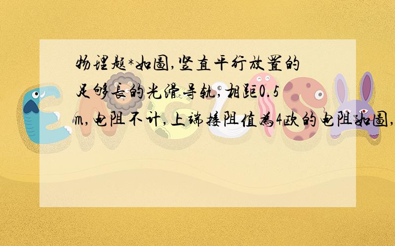 物理题*如图,竖直平行放置的足够长的光滑导轨,相距0.5m,电阻不计,上端接阻值为4欧的电阻如图,竖直平行放置的足够长的光滑导轨,相距0.5m,电阻不计,上端接阻值为4欧的电阻,下面连有一根接