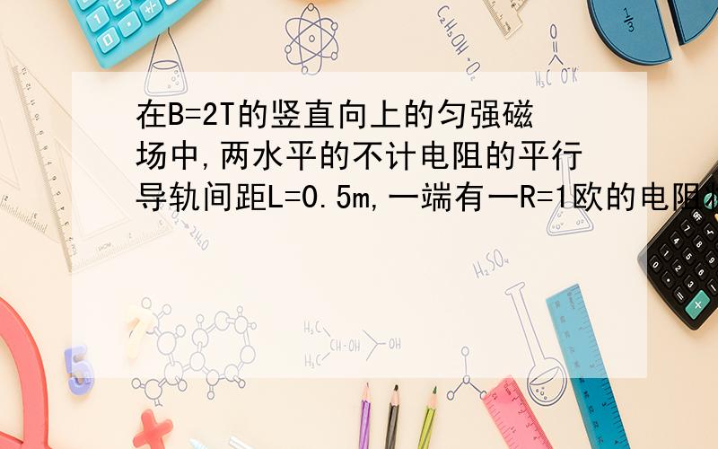 在B=2T的竖直向上的匀强磁场中,两水平的不计电阻的平行导轨间距L=0.5m,一端有一R=1欧的电阻将两导轨...在B=2T的竖直向上的匀强磁场中,两水平的不计电阻的平行导轨间距L=0.5m,一端有一R=1欧的