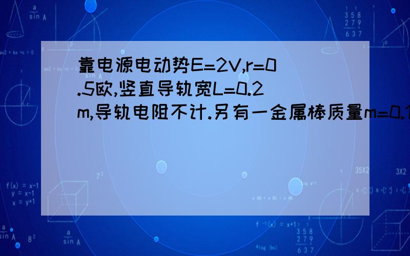 靠电源电动势E=2V,r=0.5欧,竖直导轨宽L=0.2m,导轨电阻不计.另有一金属棒质量m=0.1kg电阻R=0.5,与导轨间动摩擦因数为0.4,在导轨的外侧,为使金属棒静止不动,施以于纸面夹角为30度且与导轨棒垂直指