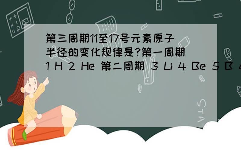 第三周期11至17号元素原子半径的变化规律是?第一周期 1 H 2 He 第二周期 3 Li 4 Be 5 B 6 C 7 N 8 O 9 F 10 Ne 第三周期 11 Na 12 Mg 13 Al 14 Si 15 P 16 S 17 Cl 18 Ar