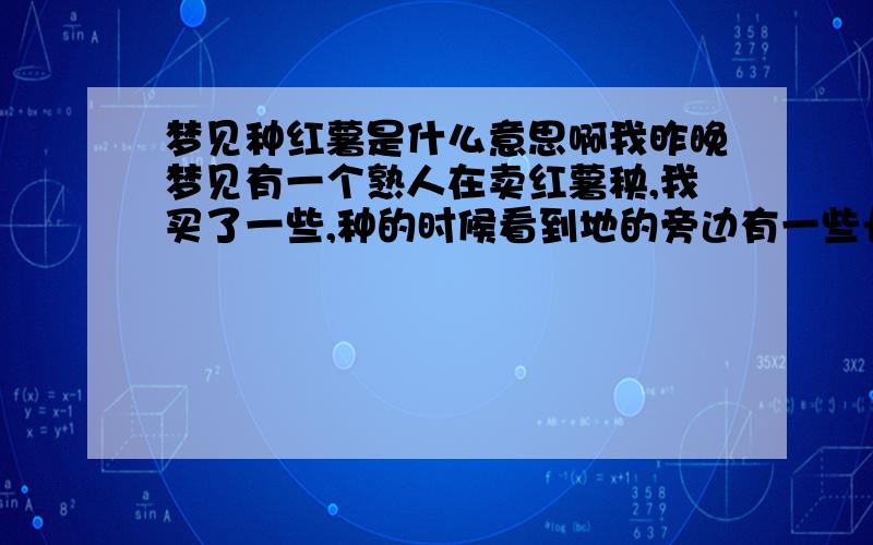 梦见种红薯是什么意思啊我昨晚梦见有一个熟人在卖红薯秧,我买了一些,种的时候看到地的旁边有一些长的很好的红薯秧,我种的地方地式很低,好像一条沟里面还留着水.后来又种在了木板上