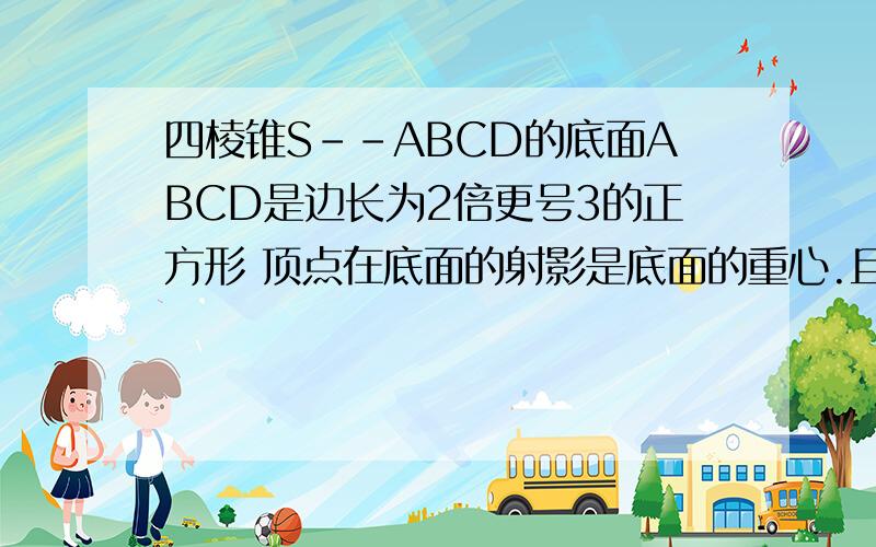 四棱锥S--ABCD的底面ABCD是边长为2倍更号3的正方形 顶点在底面的射影是底面的重心.且该四棱锥的体积 为12 则侧面与底面所成的2面角的大小为