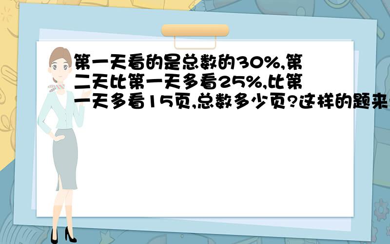 第一天看的是总数的30%,第二天比第一天多看25%,比第一天多看15页,总数多少页?这样的题来十道（写出计算过程与答案）