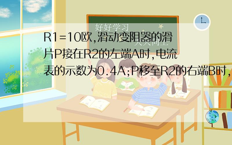 R1=10欧,滑动变阻器的滑片P接在R2的左端A时,电流表的示数为0.4A;P移至R2的右端B时,电流表的示数为1.6A求：（1）电源电压U和变阻器的阻值；（2）R1消耗的电功率的范围.这道题貌似你应该解答过