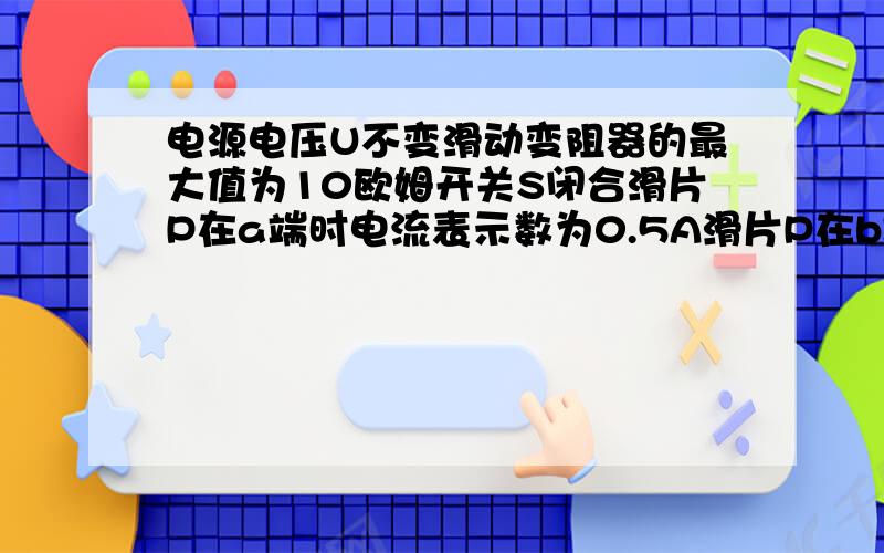 电源电压U不变滑动变阻器的最大值为10欧姆开关S闭合滑片P在a端时电流表示数为0.5A滑片P在b端时电流表示数2.5A小灯好正常发光则电源电压为多少V小灯泡的额定功率为多少W灯泡与滑动变阻器