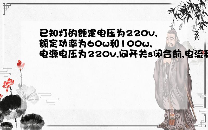 已知灯的额定电压为220v,额定功率为60w和100w,电源电压为220v,问开关s闭合前,电流和电流i1各为多少?开关s闭合后,电流i1是否变化,此时i.i1,i2.各为多少