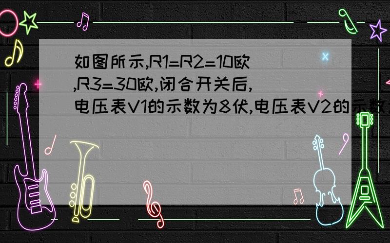 如图所示,R1=R2=10欧,R3=30欧,闭合开关后,电压表V1的示数为8伏,电压表V2的示数为（）电源电压为（）?