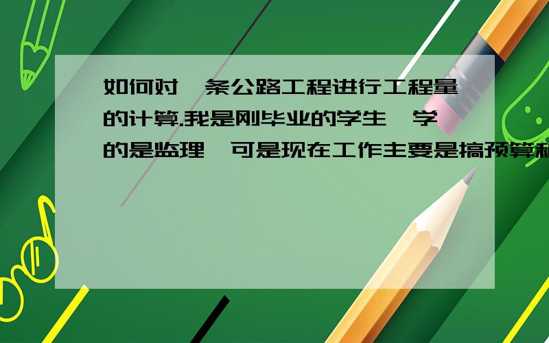 如何对一条公路工程进行工程量的计算.我是刚毕业的学生,学的是监理,可是现在工作主要是搞预算和审计那些.我们领导叫我拿那些图纸来算,他说的算就是根据图纸对项目进行工程量的计算.