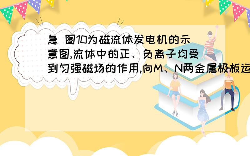 急 图10为磁流体发电机的示意图,流体中的正、负离子均受到匀强磁场的作用,向M、N两金属极板运动.A．正离子向M极偏转,负离子向N极偏转B．正离子向N极偏转,负离子向M极偏转C．正、负离子