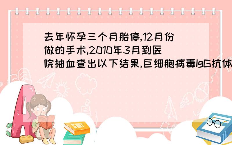 去年怀孕三个月胎停,12月份做的手术,2010年3月到医院抽血查出以下结果,巨细胞病毒IgG抗体阳性（+）IgM阴性（-） 风疹病毒抗体IgG阳性（+）IgM阴性（-）医生说没事 叫我等两个月再抽血化验一