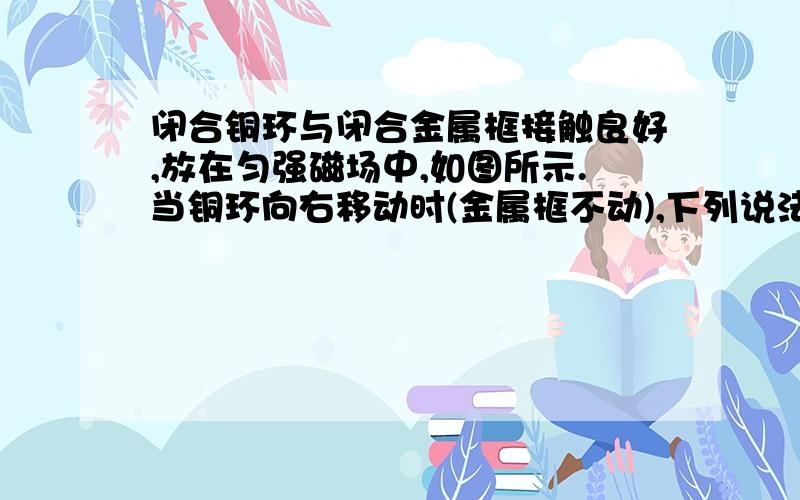 闭合铜环与闭合金属框接触良好,放在匀强磁场中,如图所示.当铜环向右移动时(金属框不动),下列说法正确的是A.铜环内没有感应电流,因为磁通量没有发生变化B.金属框内没有感应电流产生,因