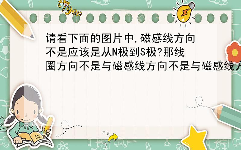 请看下面的图片中,磁感线方向不是应该是从N极到S极?那线圈方向不是与磁感线方向不是与磁感线方向吗?可是我记得是导线与磁感线方向平行时不是在切割磁感线么,那这里为什么垂直也不对