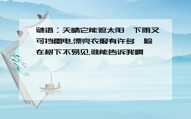 谜语；天晴它能遮太阳,下雨又可挡雷电.漂亮衣服有许多,躲在树下不易见.谁能告诉我啊