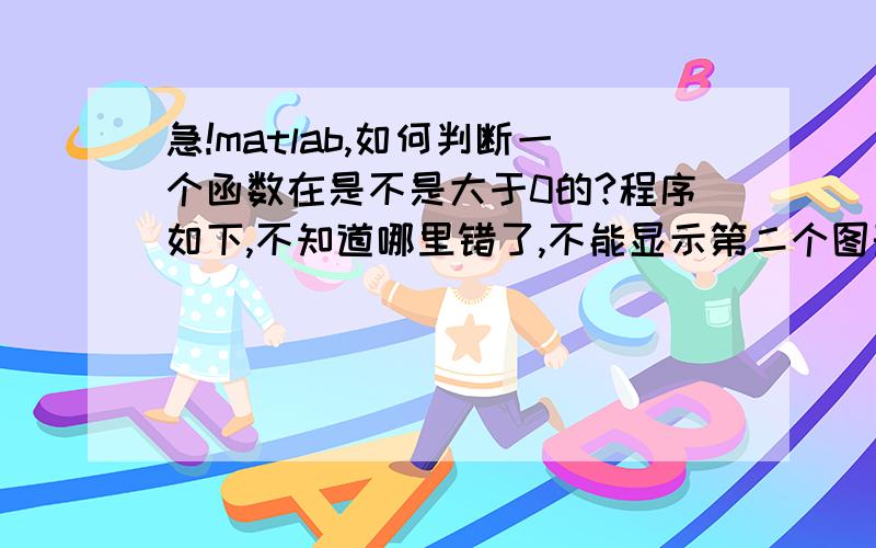 急!matlab,如何判断一个函数在是不是大于0的?程序如下,不知道哪里错了,不能显示第二个图形 for t=0:20;    if sin(t)>0       y=1;    else       y=-1;    endendsubplot(2,1,1)t=0:0.1:20;plot(t,sin(t))axis([0 20 -1.5 1.5])su