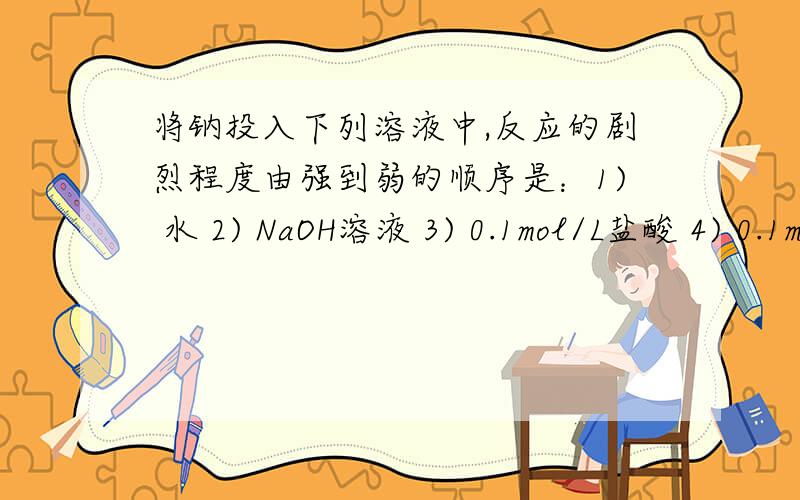 将钠投入下列溶液中,反应的剧烈程度由强到弱的顺序是：1) 水 2) NaOH溶液 3) 0.1mol/L盐酸 4) 0.1mol/L硫酸铜