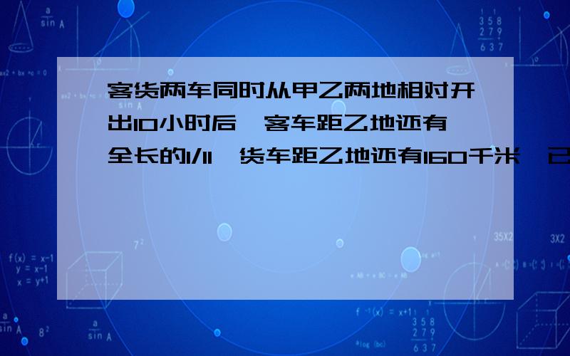 客货两车同时从甲乙两地相对开出10小时后,客车距乙地还有全长的1/11,货车距乙地还有160千米,已知客车比货车每小时快10千米,甲乙两地相距多少千米