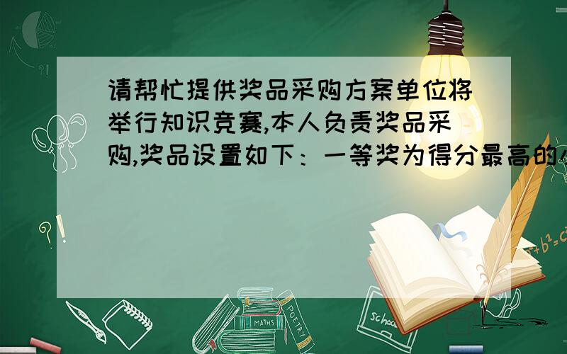 请帮忙提供奖品采购方案单位将举行知识竞赛,本人负责奖品采购,奖品设置如下：一等奖为得分最高的小组,每人奖品价值150元,共600元；二等奖为得分排名第二的小组,每人奖品价值100元,共400