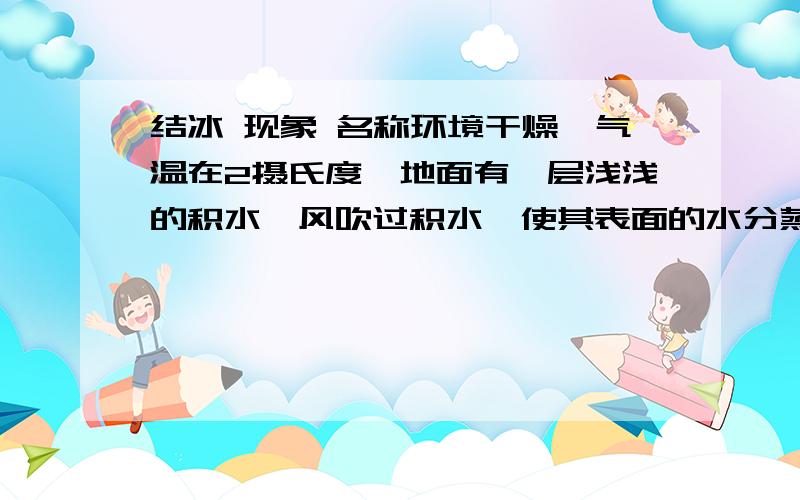 结冰 现象 名称环境干燥,气温在2摄氏度,地面有一层浅浅的积水,风吹过积水,使其表面的水分蒸发,引起温度下降造成积水冰冻.这种现象在物理上叫做什么?这种天凉的衣服偶尔也会冻硬,但冰