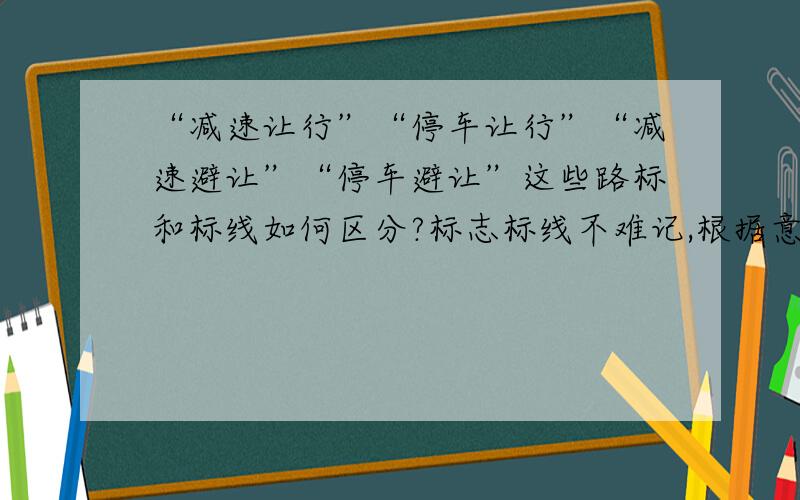 “减速让行”“停车让行”“减速避让”“停车避让”这些路标和标线如何区分?标志标线不难记,根据意思辨路标；方型辅助兰指示,红色禁止黄警告；看标线,有诀窍,颜色虚实要分牢；中心