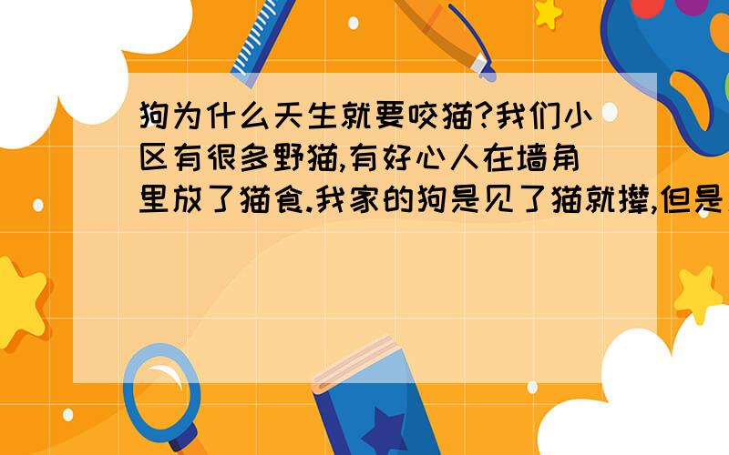 狗为什么天生就要咬猫?我们小区有很多野猫,有好心人在墙角里放了猫食.我家的狗是见了猫就撵,但是见了哪怕再小的狗（如吉娃娃、鹿犬）也不咬,还过去表示友好（摇尾）.对于我家这么大