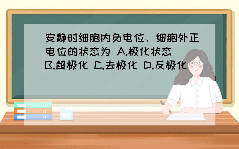 安静时细胞内负电位、细胞外正电位的状态为 A.极化状态 B.超极化 C.去极化 D.反极化