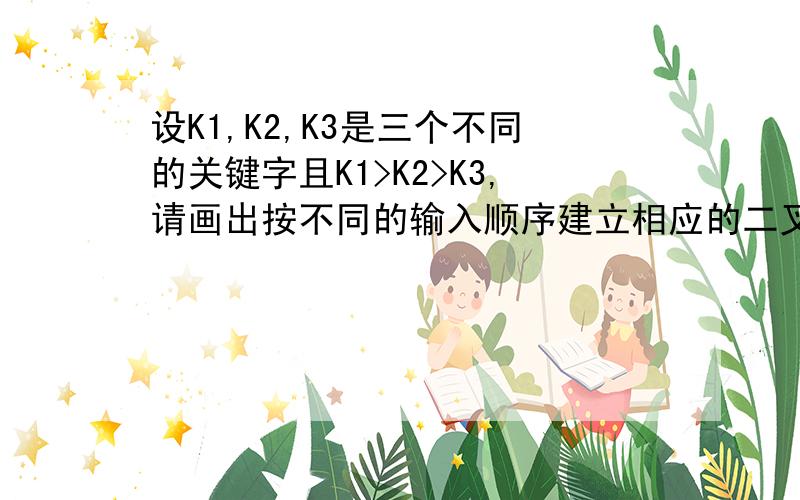 设K1,K2,K3是三个不同的关键字且K1>K2>K3,请画出按不同的输入顺序建立相应的二叉排序树.