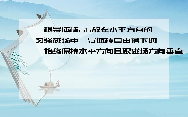 一根导体棒ab放在水平方向的匀强磁场中,导体棒自由落下时,始终保持水平方向且跟磁场方向垂直,如图1所示,比较导体棒ab两端的电势的高低  A．a端与b端的电势相同B．a、b间的电势差保持不