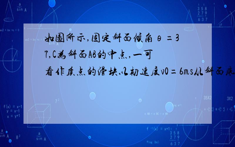 如图所示,固定斜面倾角θ=37,C为斜面AB的中点,一可看作质点的滑块以初速度v0=6ms从斜面底端冲上斜面,若斜面光滑,则滑块刚好能滑到顶点B而后下滑,若斜面AC部分粗糙,则滑块刚好滑到CB中点B而