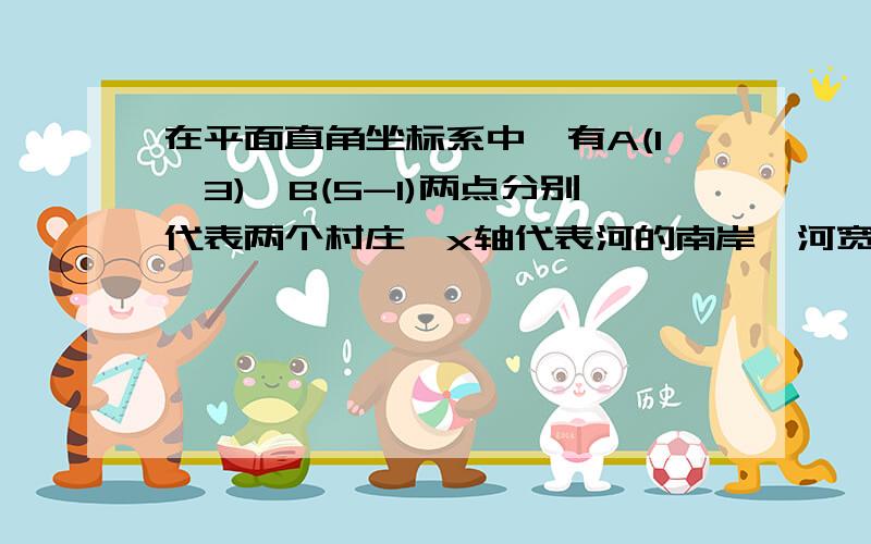 在平面直角坐标系中,有A(1,3)、B(5-1)两点分别代表两个村庄,x轴代表河的南岸,河宽为一个单位长度 .河宽为一个单位长度,现在要在河上造一座桥MN,桥造在何处才能使从A到B的路径AMNB最短,假定