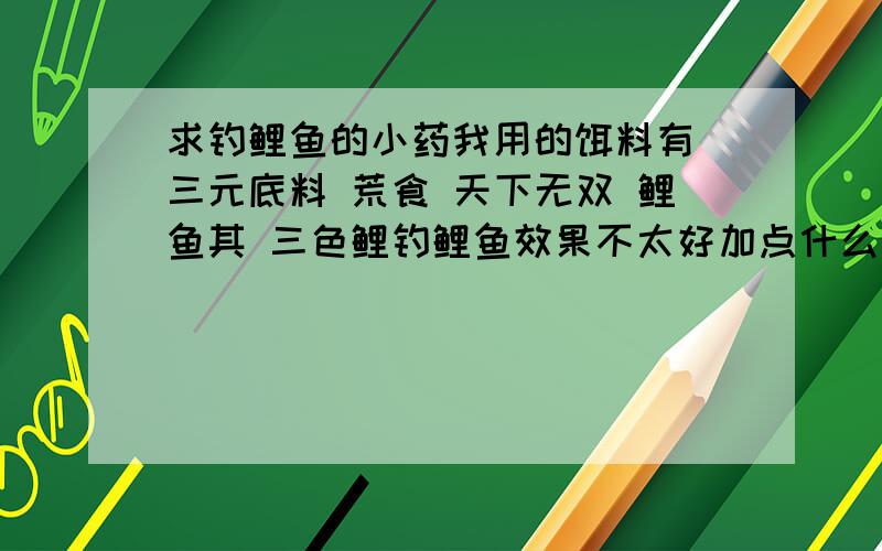 求钓鲤鱼的小药我用的饵料有 三元底料 荒食 天下无双 鲤鱼其 三色鲤钓鲤鱼效果不太好加点什么小药能好使我是沈阳的 回答问题的网友最好是了解本地鱼情的 对了我钓的是花钱的竿坑 没