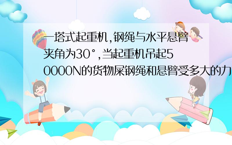 一塔式起重机,钢绳与水平悬臂夹角为30°,当起重机吊起50000N的货物屎钢绳和悬臂受多大的力?悬臂的受力方向怎么确定?钢索与重物的重力相等吗?