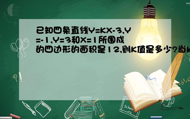 已知四条直线Y=KX-3,Y=-1,Y=3和X=1所围成的四边形的面积是12,则K值是多少?当k>0时2/k-1,6/k-1为啥要减1?为啥k