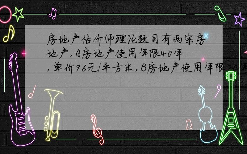 房地产估价师理论题目有两宗房地产,A房地产使用年限40年,单价96元/平方米,B房地产使用年限70年,单价100元/平方米,资本化率为8%,则A单价与B单价的关系为( ) 1.A单价高于B单价 2.A单价低于B单价