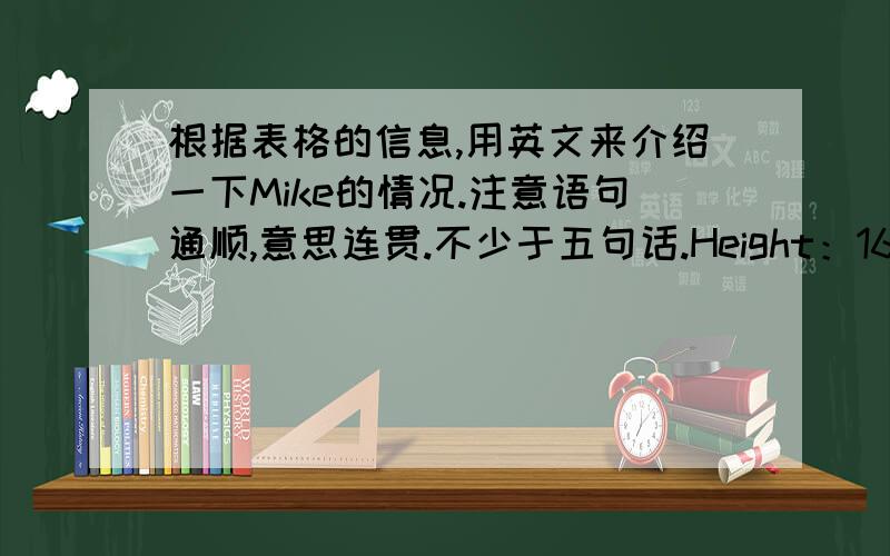 根据表格的信息,用英文来介绍一下Mike的情况.注意语句通顺,意思连贯.不少于五句话.Height：163cmWeight：45kgFavoutite colour：白色Hobby：拍照Ability(能力)：洗衣服