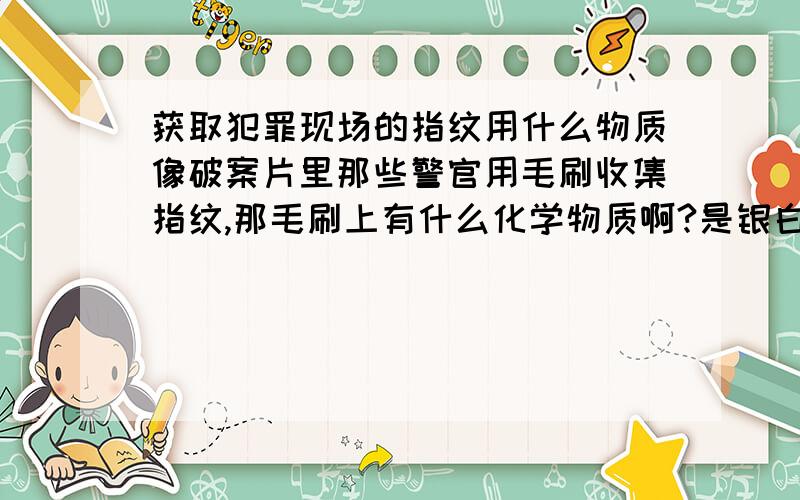 获取犯罪现场的指纹用什么物质像破案片里那些警官用毛刷收集指纹,那毛刷上有什么化学物质啊?是银白色的吗