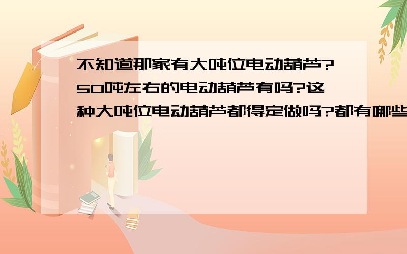 不知道那家有大吨位电动葫芦?50吨左右的电动葫芦有吗?这种大吨位电动葫芦都得定做吗?都有哪些电动葫芦能定做?