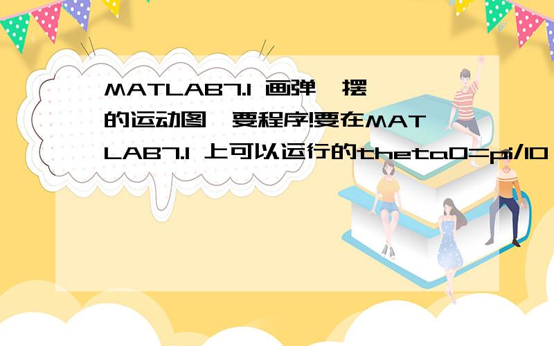 MATLAB7.1 画弹簧摆的运动图,要程序!要在MATLAB7.1 上可以运行的theta0=pi/10 %\fs{初始角度,可由读者设不同的值}m = 1; k = 100; g = 9.8; L0 = 1; L = L0 + m*g/k; %\fs{L0为弹簧原来长度,L为弹簧静止时长度}[t,u1] =