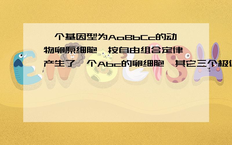 一个基因型为AaBbCc的动物卵原细胞,按自由组合定律,产生了一个Abc的卵细胞,其它三个极体的基因型是A.Abc aBc ABC B.ABC Abc abc C.aBC aBC Abc D.Abc AbC Abc为什么