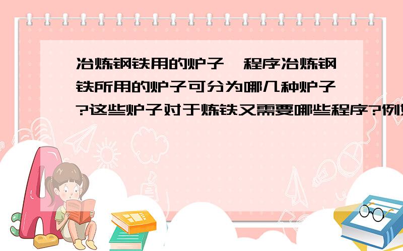 冶炼钢铁用的炉子、程序冶炼钢铁所用的炉子可分为哪几种炉子?这些炉子对于炼铁又需要哪些程序?例如什么样的矿应该用什么炉子去炼?也就是说铁矿应该怎么样炼,才能炼出成品.这个66品指