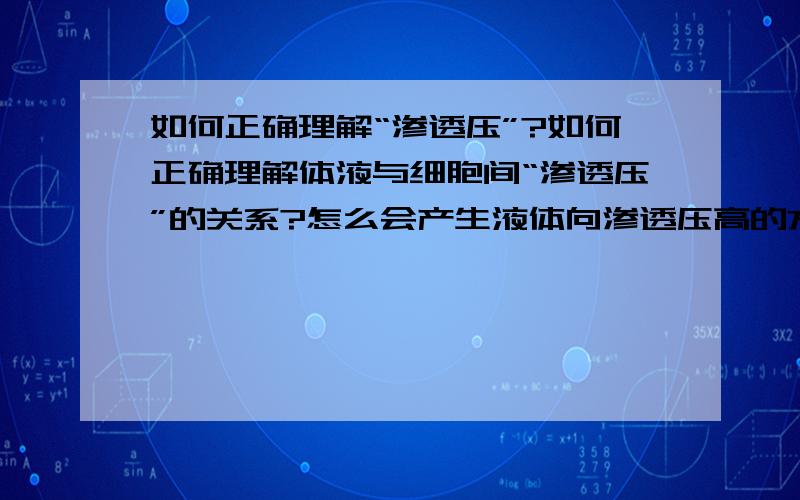 如何正确理解“渗透压”?如何正确理解体液与细胞间“渗透压”的关系?怎么会产生液体向渗透压高的方向运动的现象?U形管、底部弯处中央加入半透膜。一边加入盐水溶液，一边加清水-----