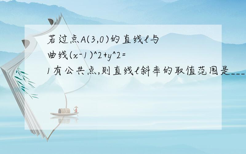 若过点A(3,0)的直线l与曲线(x-1)^2+y^2=1有公共点,则直线l斜率的取值范围是_______”请写出详细过程.