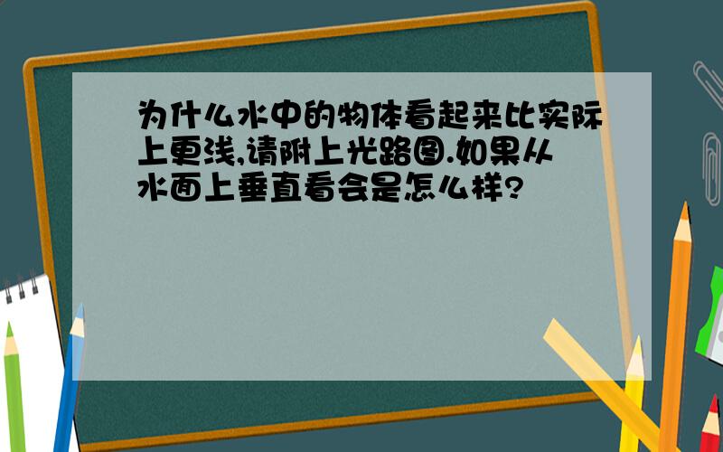 为什么水中的物体看起来比实际上更浅,请附上光路图.如果从水面上垂直看会是怎么样?