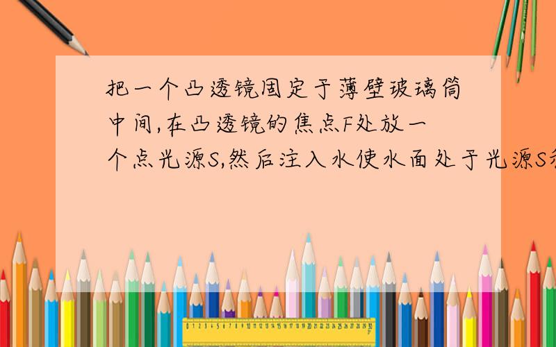 把一个凸透镜固定于薄壁玻璃筒中间,在凸透镜的焦点F处放一个点光源S,然后注入水使水面处于光源S和凸透镜之间,为使经凸透镜折射后 的光线是一束平行光,则光源的位置（ ）A.应适当升高 B