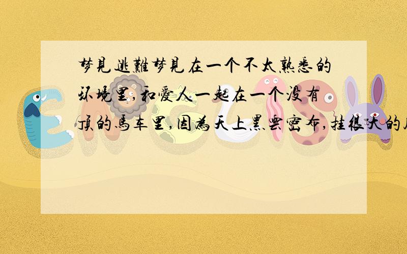 梦见逃难梦见在一个不太熟悉的环境里,和爱人一起在一个没有顶的马车里,因为天上黑云密布,挂很大的风,心里好像之前经历过,知道厉害,所以心里很恐惧；两人只有一个毛毯互相遮着头,想逃