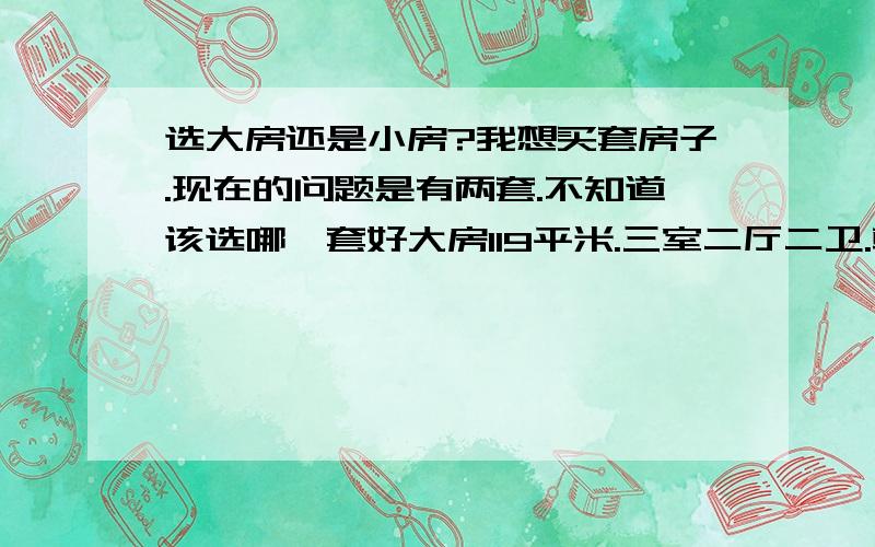 选大房还是小房?我想买套房子.现在的问题是有两套.不知道该选哪一套好大房119平米.三室二厅二卫.朝北的户型不太喜欢.朝向也不好.（没太阳的）但是够大.够住.（本人已结婚.现有一小女.