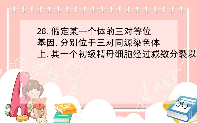 28.假定某一个体的三对等位基因,分别位于三对同源染色体上,其一个初级精母细胞经过减数分裂以后,可能形成和实际上生成的精子类型有（ ）A.3种和1种\x09 B.6种和3种 C.8种和2种 D.9种和2种