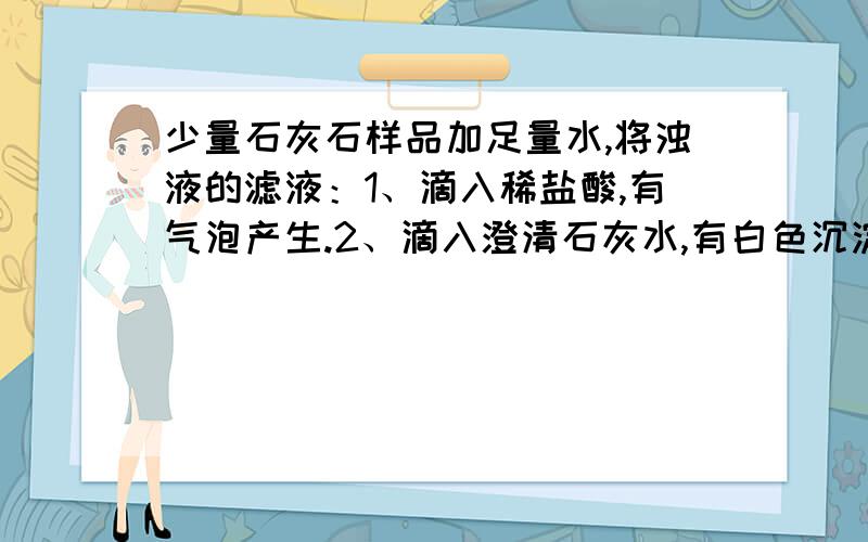 少量石灰石样品加足量水,将浊液的滤液：1、滴入稀盐酸,有气泡产生.2、滴入澄清石灰水,有白色沉淀.问：滤液中含有什么?