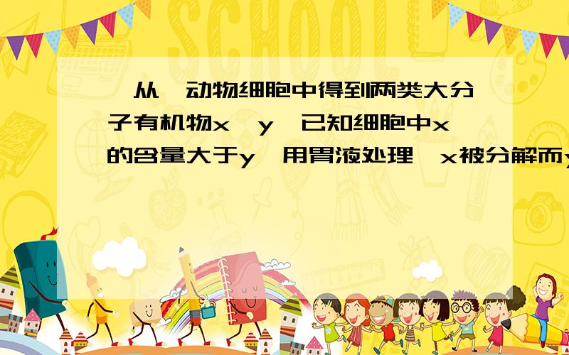 、从一动物细胞中得到两类大分子有机物x、y,已知细胞中x的含量大于y,用胃液处理,x被分解而y不变.x含有化学元素N,有的还含有元素S,y含有化学元素N和P,它们与苏丹Ⅲ染液都没有颜色反应,细