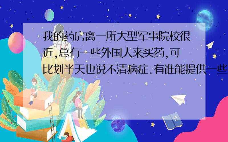 我的药房离一所大型军事院校很近,总有一些外国人来买药,可比划半天也说不清病症.有谁能提供一些药房常用英语词汇,比如疾病名称或常用接待语的!