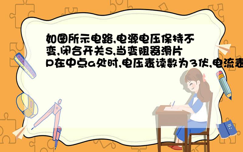 如图所示电路,电源电压保持不变,闭合开关S,当变阻器滑片P在中点a处时,电压表读数为3伏,电流表读数为0.6安培；当滑片P在b端时,电压表读数为5伏,电流表读数为0.5安,请根据测得的数据计算出